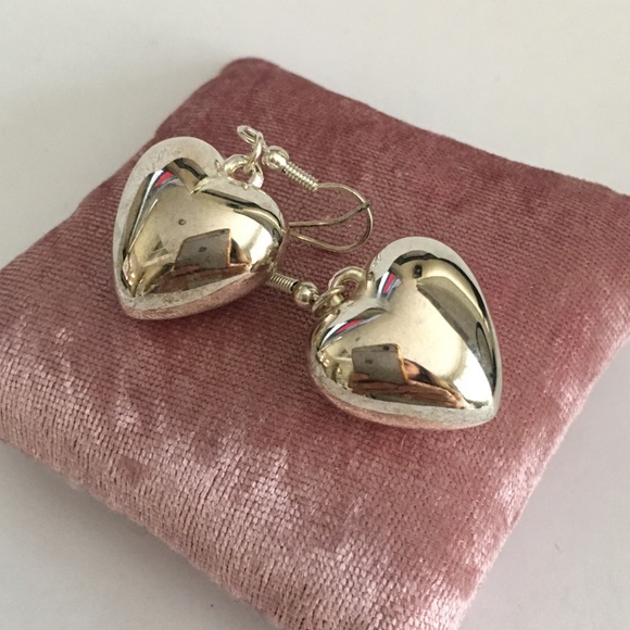 Vintage Jewelry - Puffy heart silver tone drop earrings